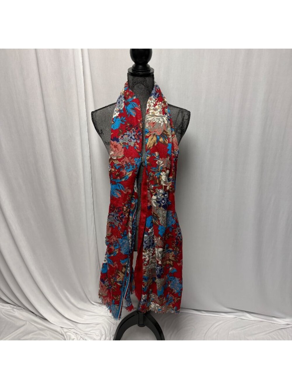 Red Blue Floral Scarf Fringed Ends Wrap Shawl Cover Up Versatile Styling